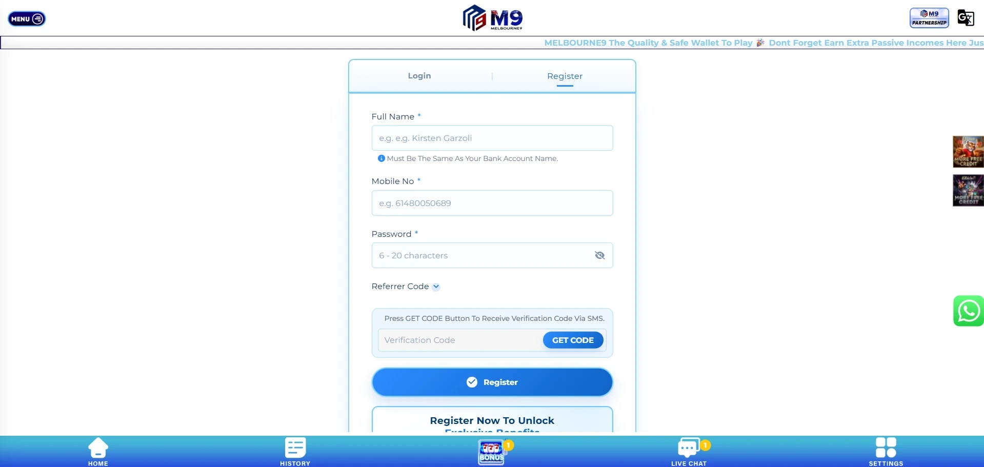 M9 Casino sign up